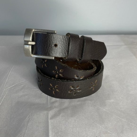 Silver Floral Buckle Belt, Brown Leather main image 1